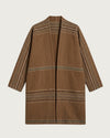 LUPITA handwoven long brocaded coat flat lay, front view, tobacco brown with multicolour stripe brocade and open front — Traces of the World
