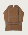 LUPITA handwoven long brocaded coat flat lay, back view, tobacco brown with horizontal stripe brocade detail — Traces of the World
