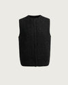BARRO handwoven wool and cotton vest flat lay, front view, black with open front and round neckline — Traces of the World
