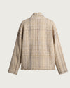 DESI handwoven wool jacket flat lay, back view, natural ecru with vertical stripe texture and frayed hem — Traces of the World
