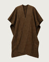 SIERRA handwoven wool and cotton poncho flat lay, front view, brown and black stripe with open front V-neckline — Traces of the World
